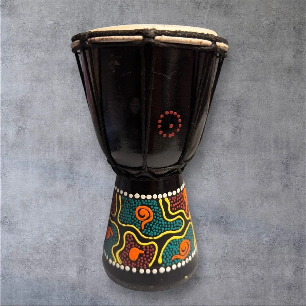 Mini Djembe Drum 8" Wood Hand Made Painted Black Tribal Dot Art Boho Percussion - Picture 7 of 11